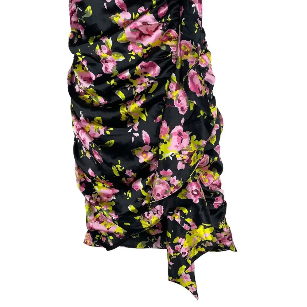 Likely Asta Floral Print Satin Mini Dress Ruffle Side Ruch Size 6